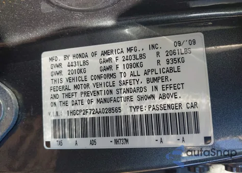 2010 Honda Accord 2.4 Ex from USA, damaged, VIN 1HGCP2F72AA028565
